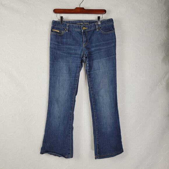 Michael Kors Womens Jeans Size 4 Blue Bedazzled Gold Rivets Flare Leg Denim - Picture 1 of 12